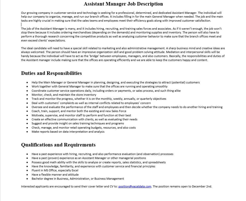 Assistant General Manager Sales Job Description