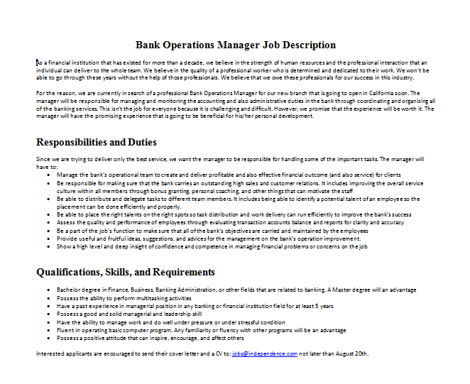 Bank Operations Manager Job Description 