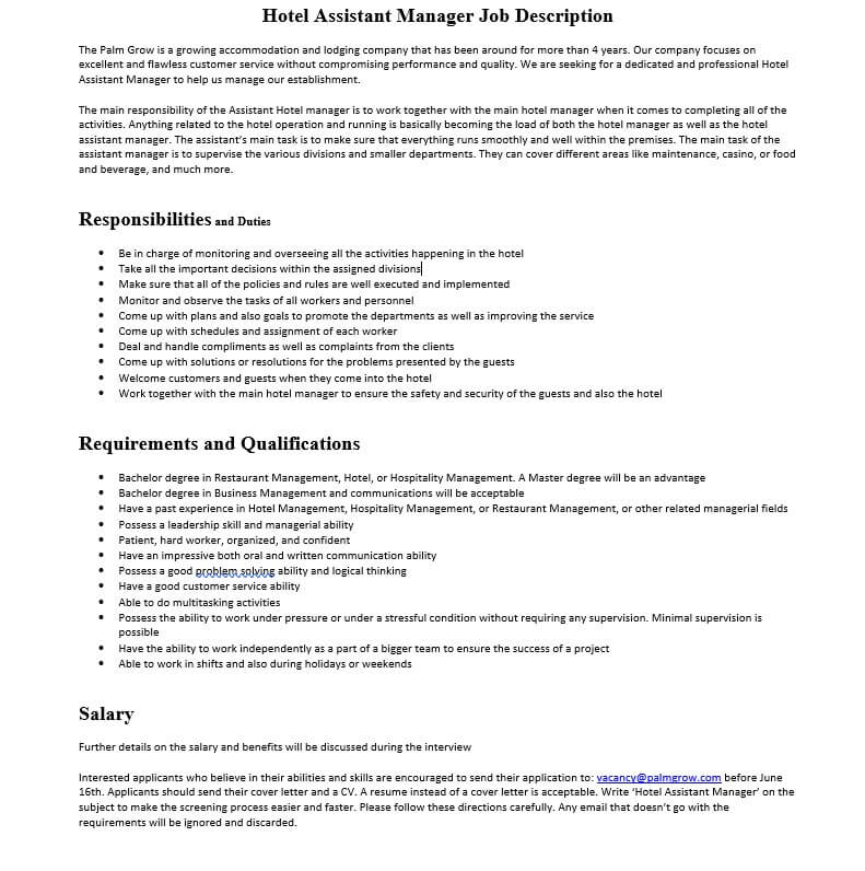 Assistant Manager Role Description