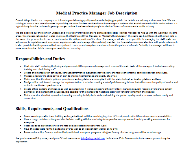 Medical Practice Manager Job Description Mous Syusa