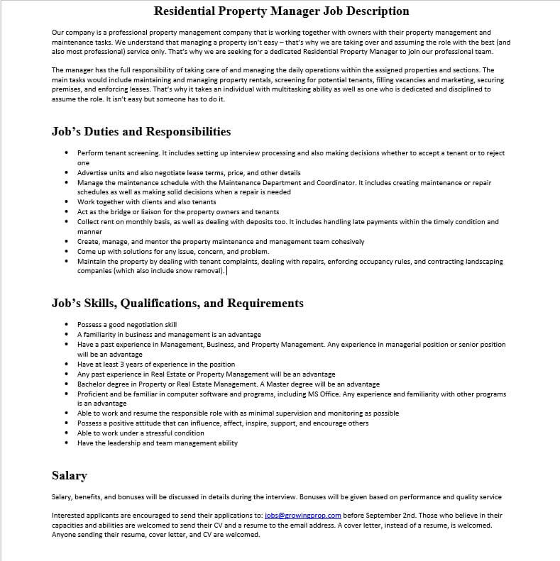 Homeowners association property manager job description