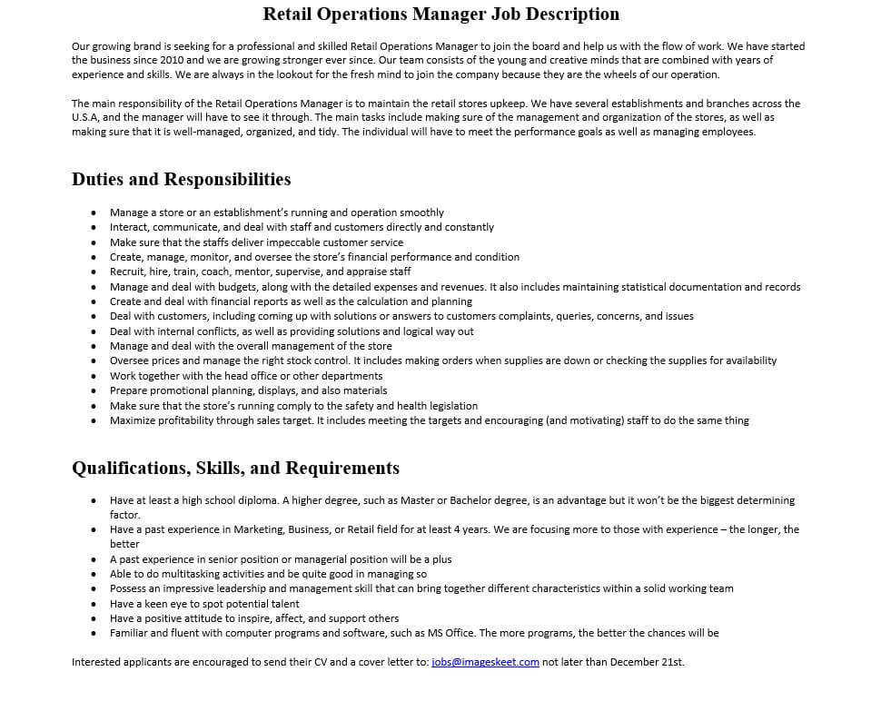 Retail Operations Manager Job Description Mous Syusa