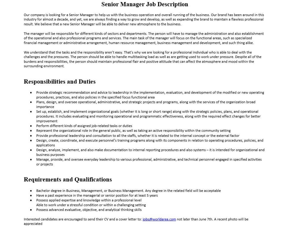 Senior Manager Job Description Mous Syusa