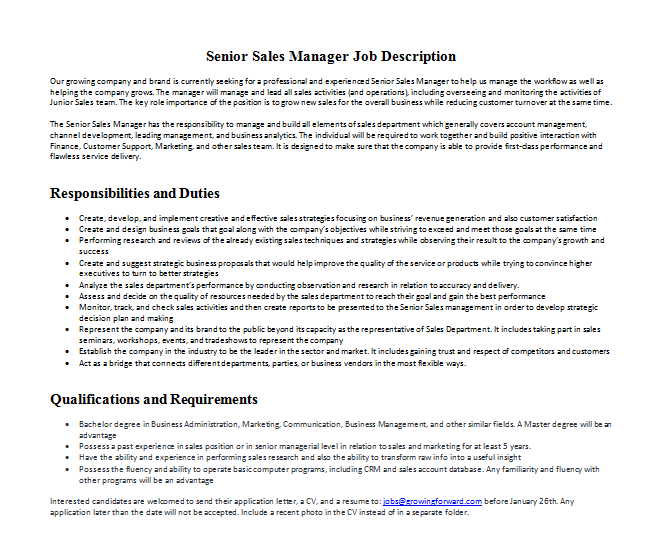 Senior Sales Manager Job Description Mous Syusa