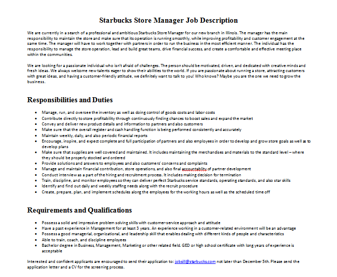 Starbucks Store Manager Job Description Mous Syusa