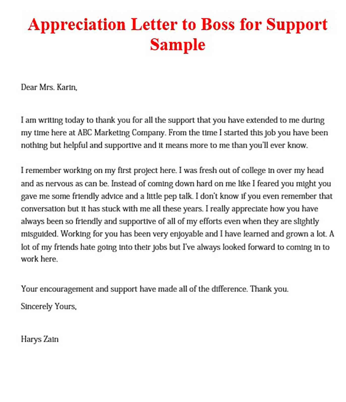 Appreciation Letter Example To Boss For Support Letter Samples Templates