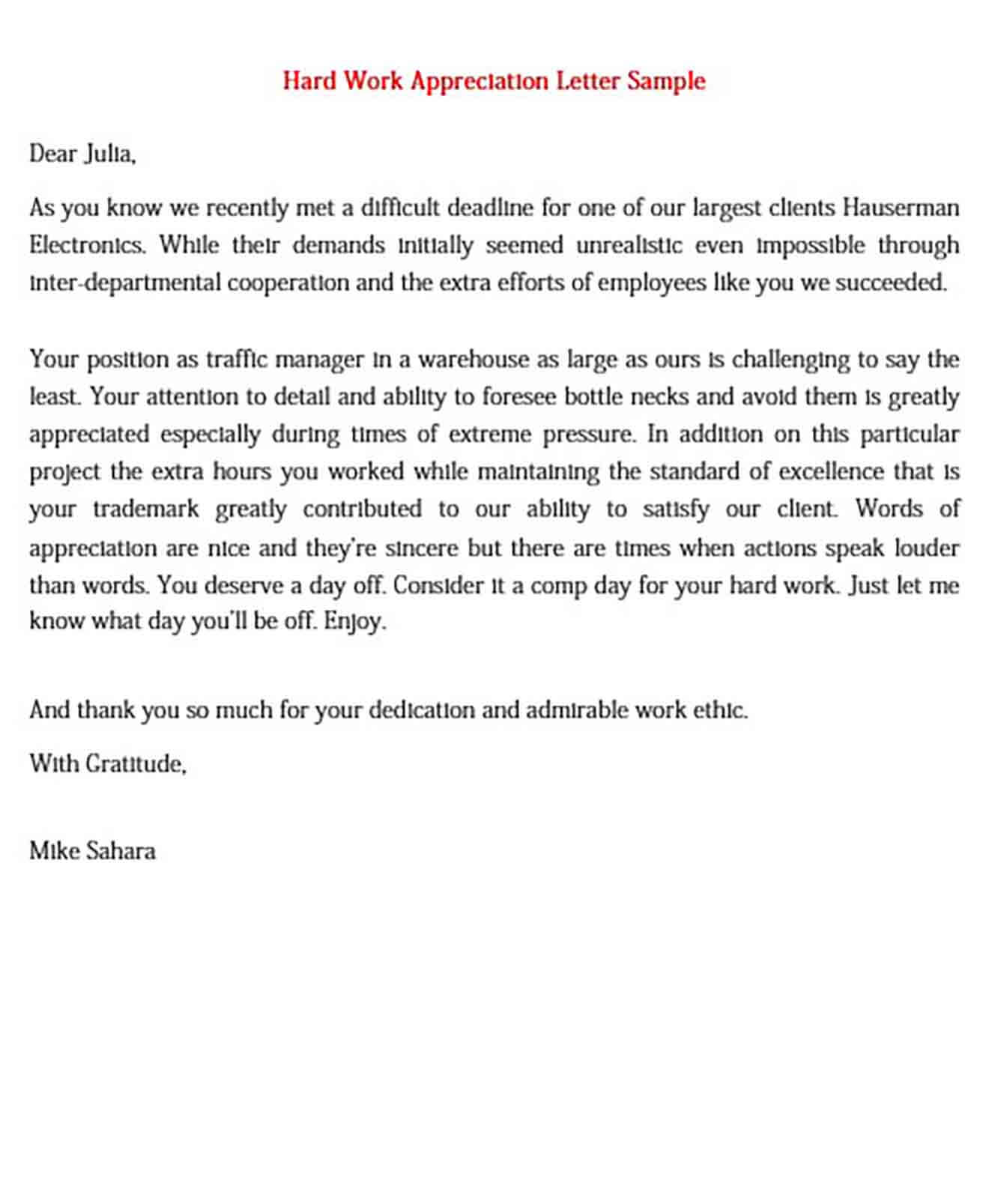 Sample Appreciation Letter To Employee For Hard Work Database Letter Templates 