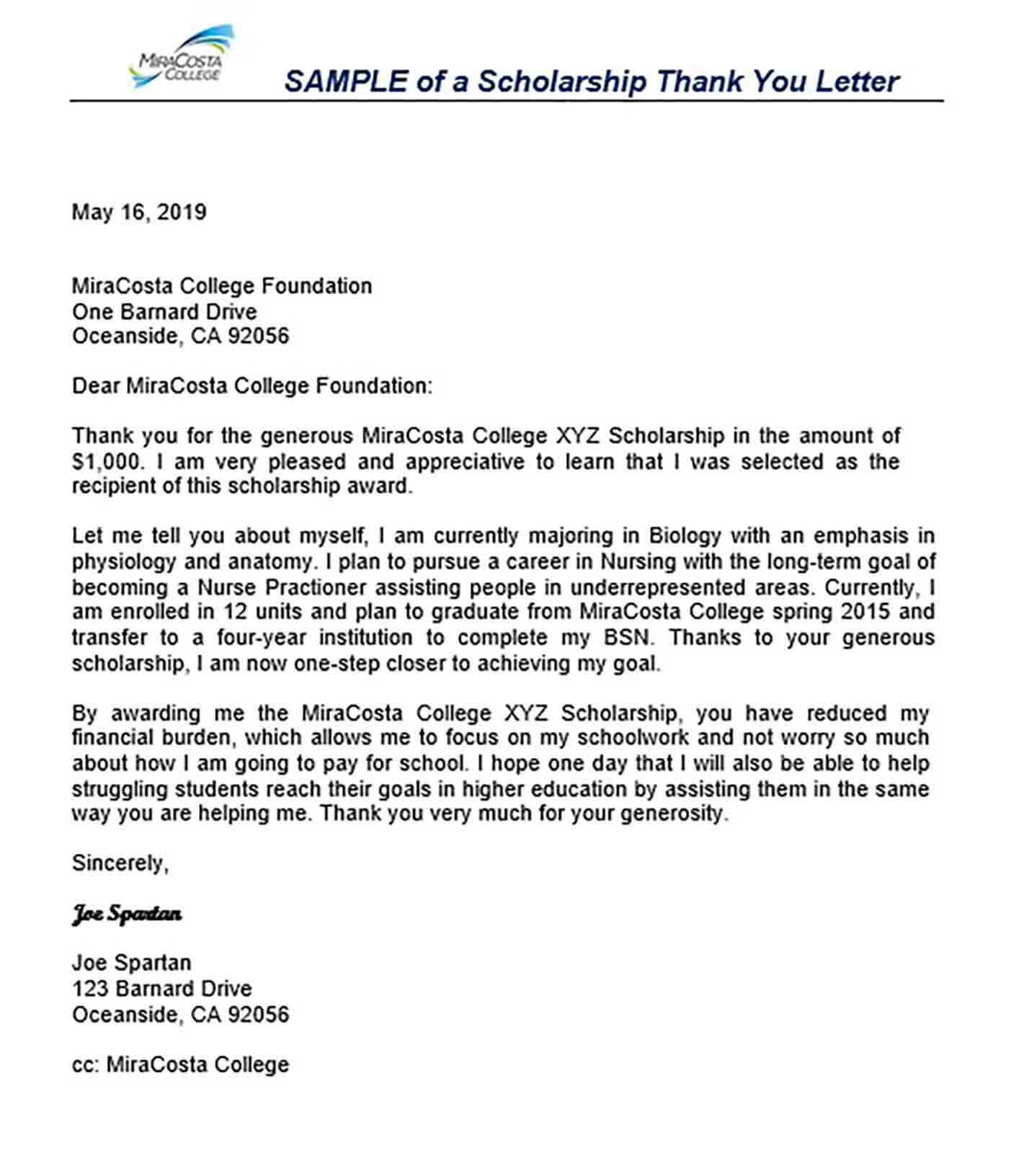 11 Scholarship Thank You Letter Sample For Doc PDF Words Mous Syusa