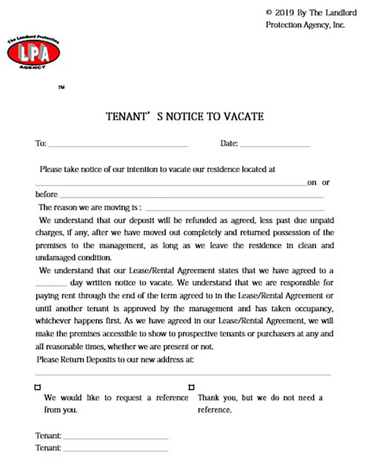 Tenant Vacate Notice Template