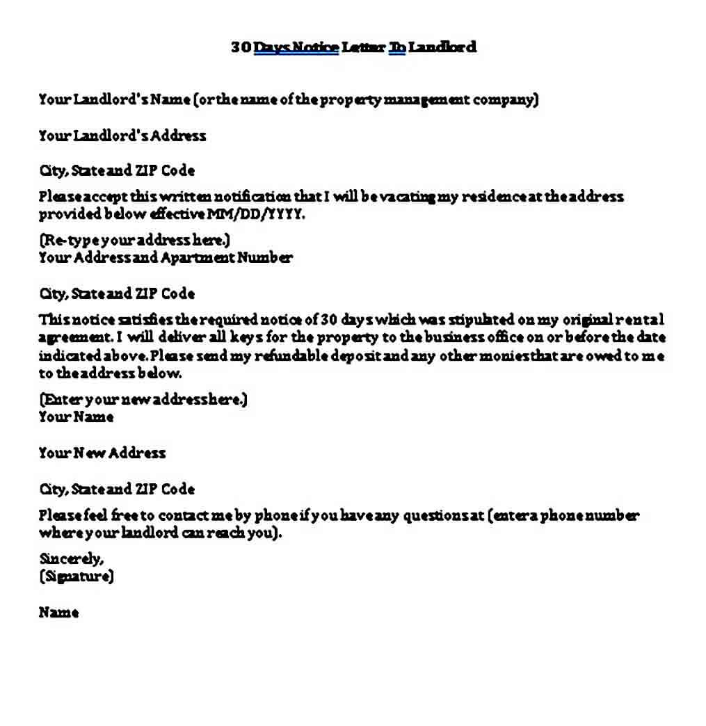 Notice letter to landlord