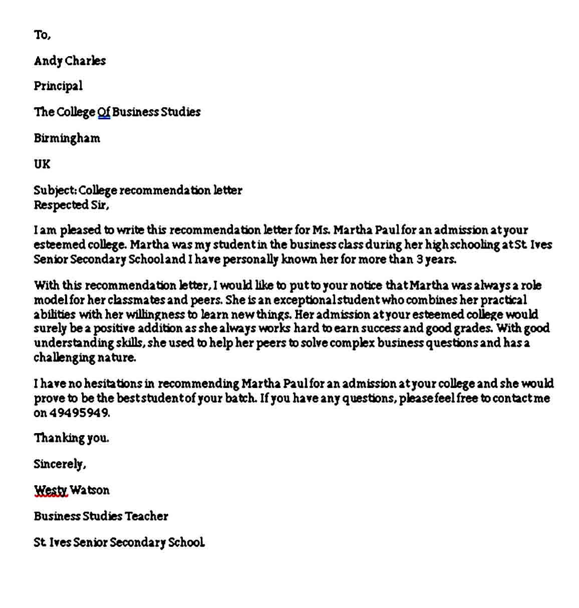 Sample College Recommendation Letter from moussyusa.com