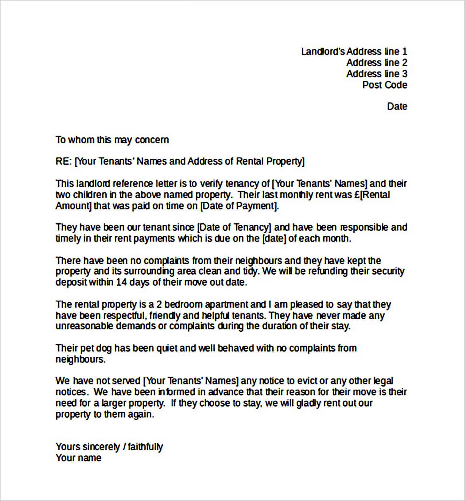 Reference Letter From Landlord Template