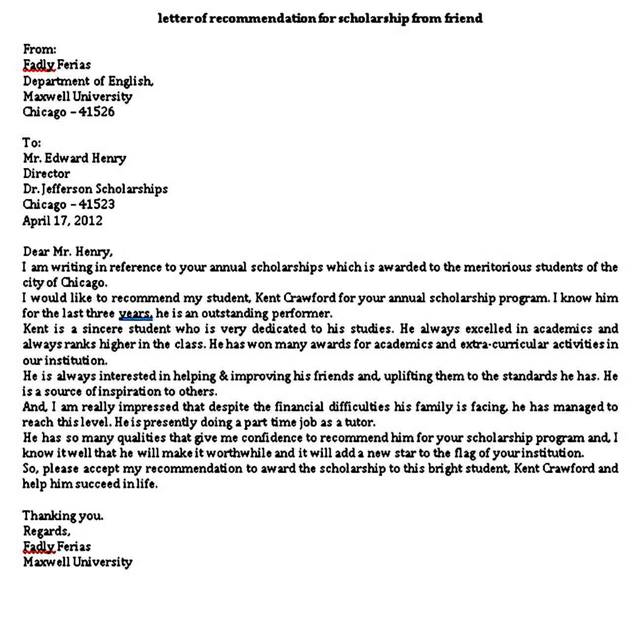 Recommendation For Scholarship Letter Sample