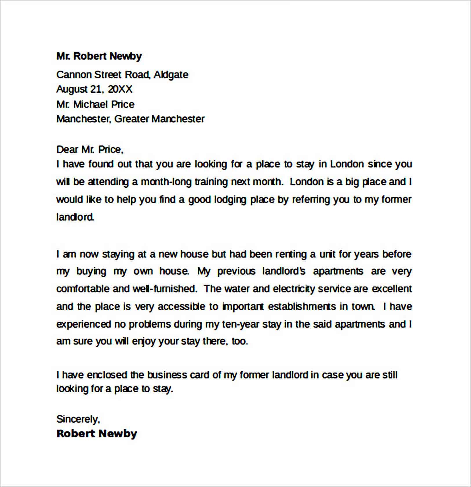 Landlord Reference Letter Format