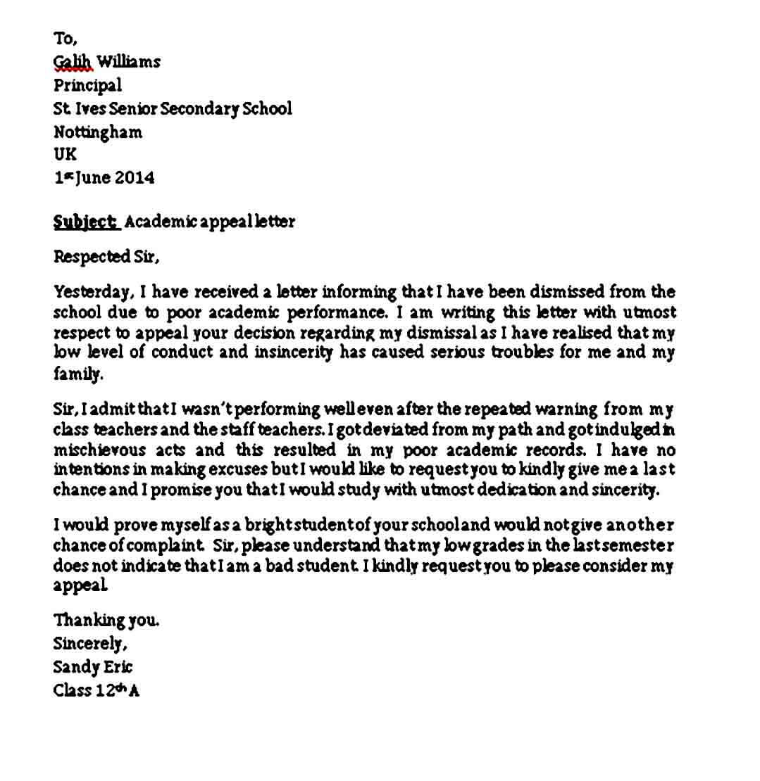 appeal letter sample template academic