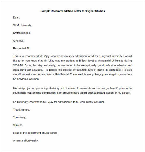 Free Recommendation Letter for Higher Studies Word Format