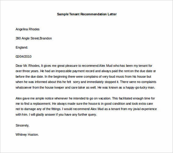 Free Sample Tenant Recommendation Letter Word Format