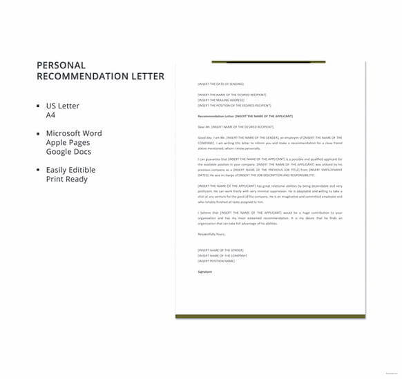 Personal Recommendation Letter templates