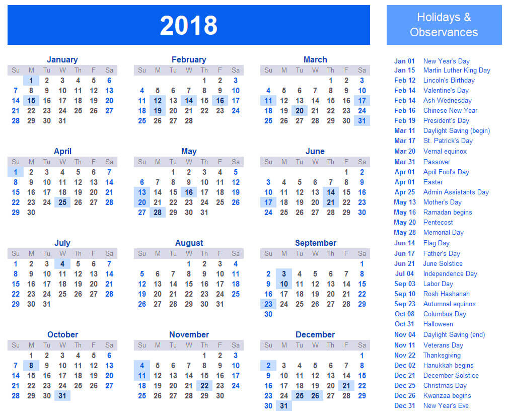 Printable 2018 calendar with holidays