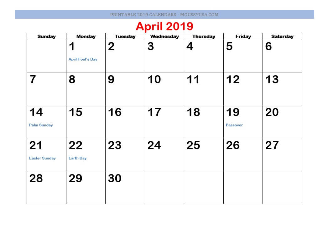 april 2019 calendar