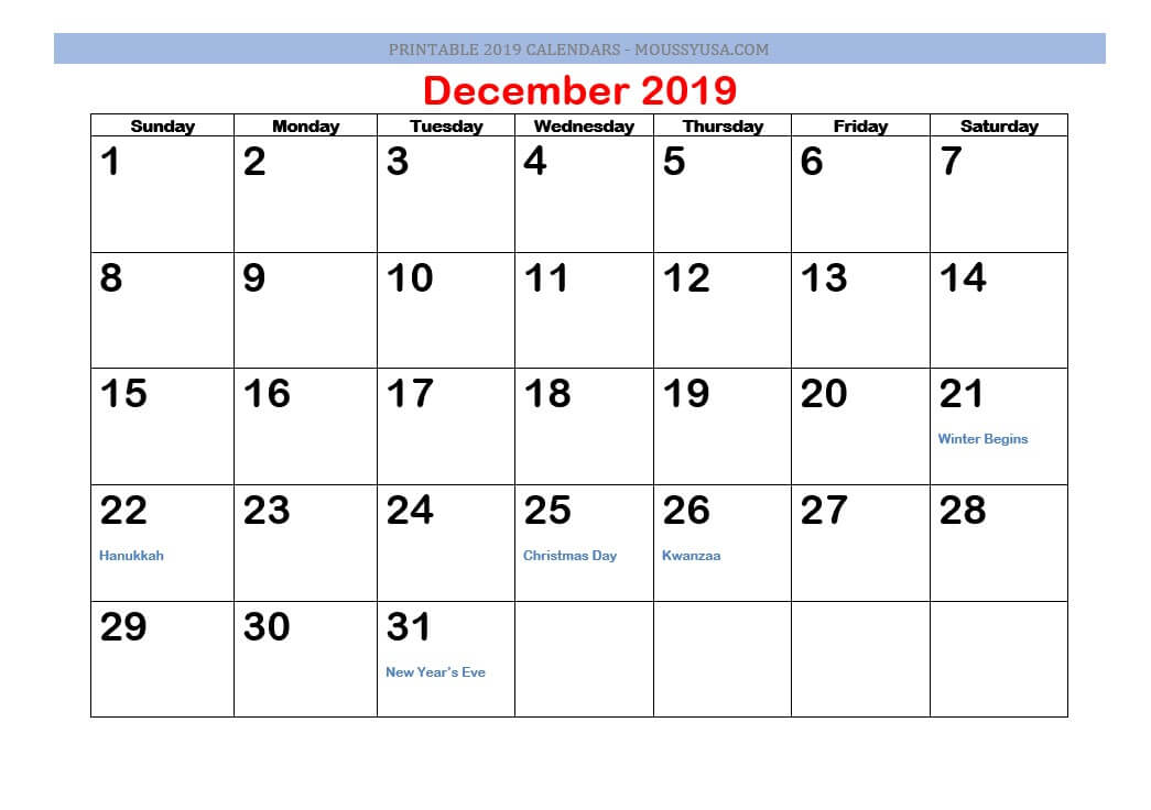 december 2019 calendar