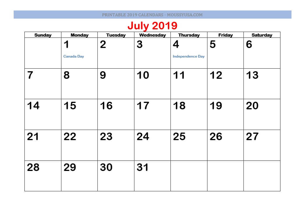 july 2019 calendar