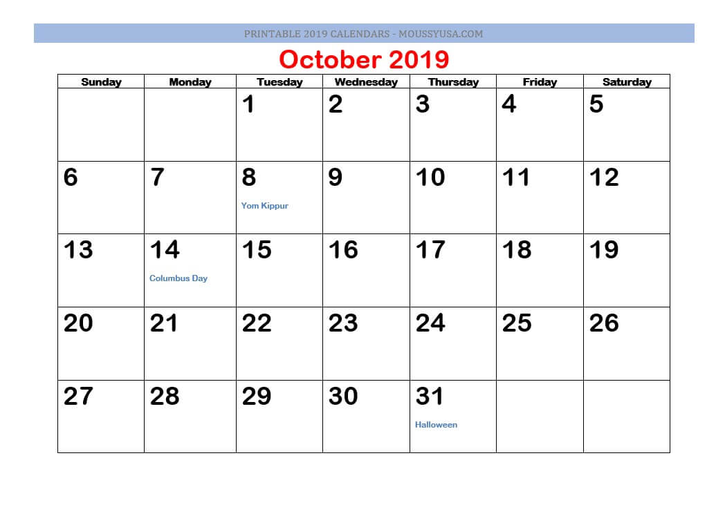 october 2019 calendar