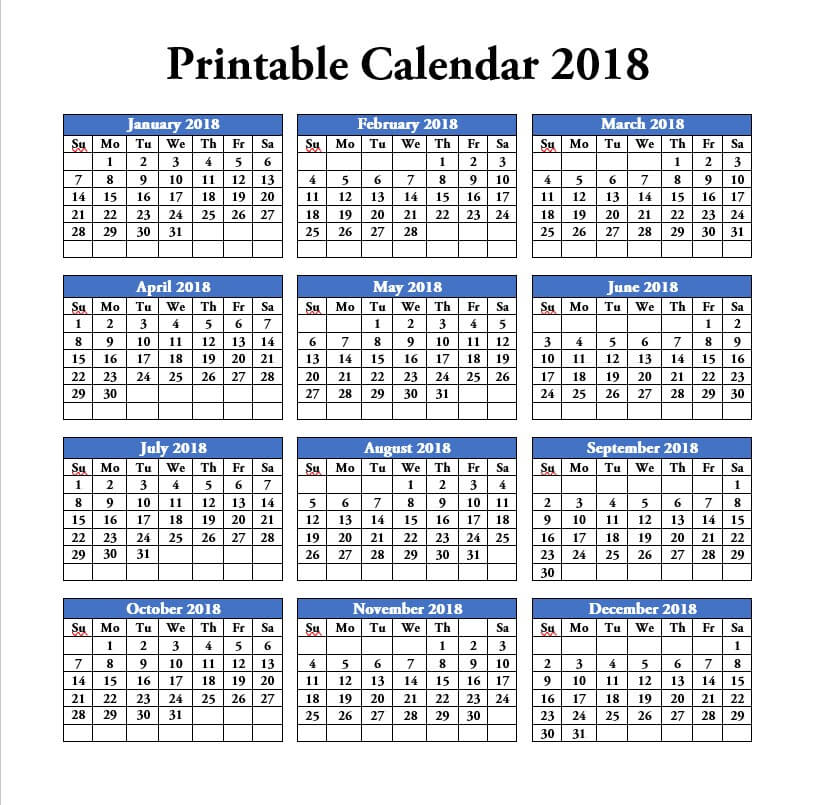 one page printable calendar 2018