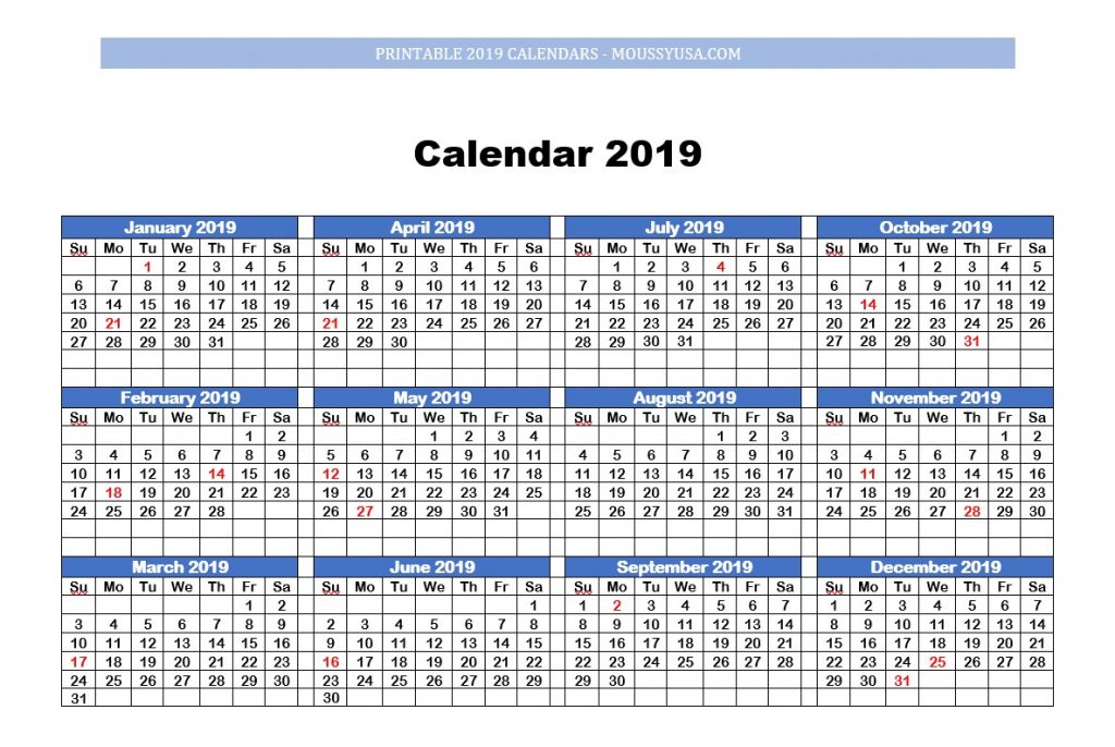 one page printable calendar 2019