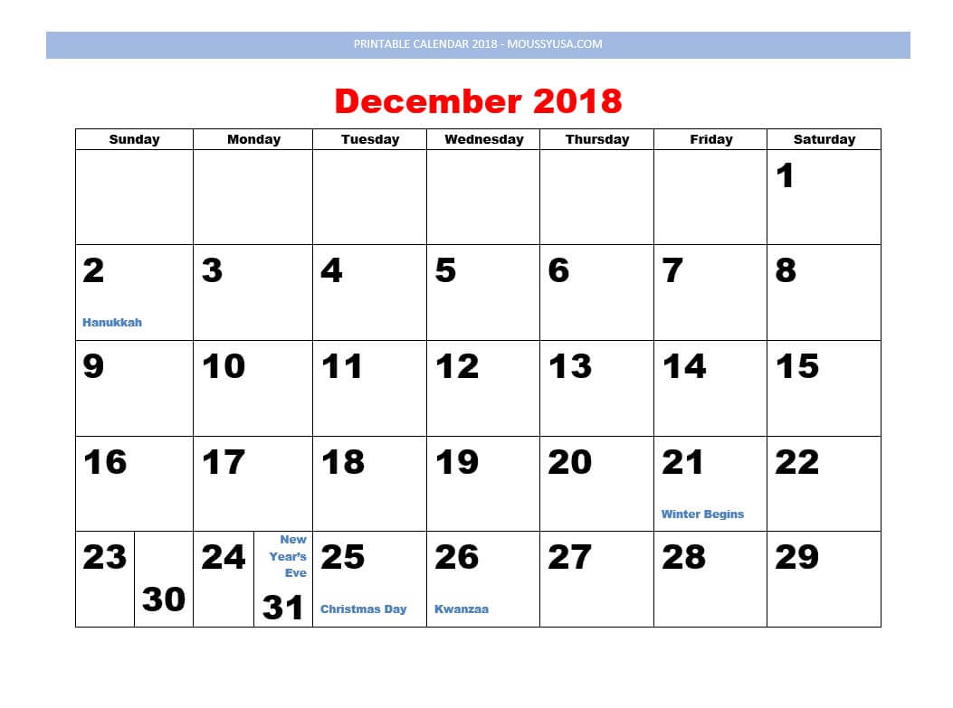 printable calendar December 2018