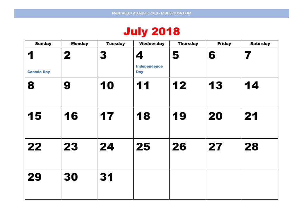 printable calendar July 2018