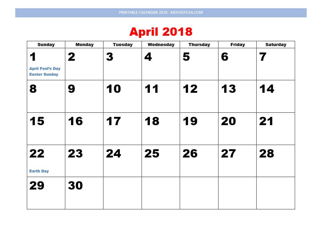 printable calendar april 2018