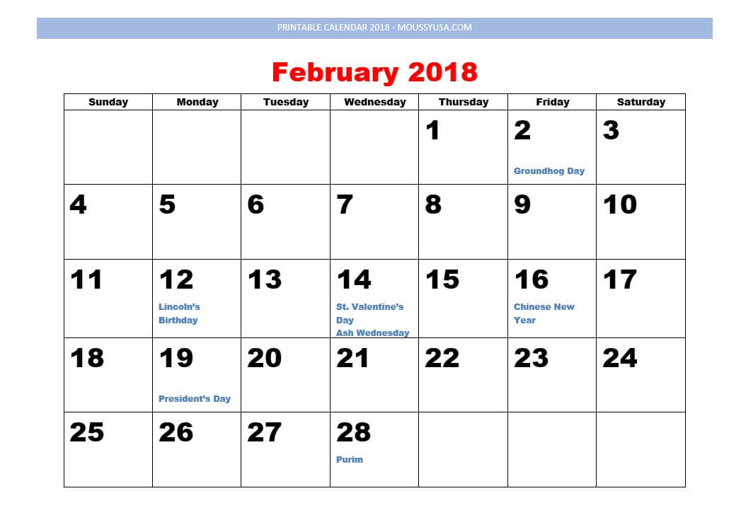 printable calendar february 2018