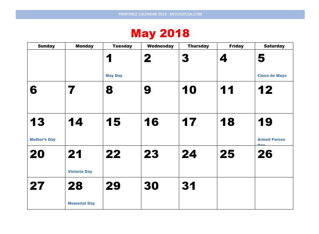 printable calendar may 2018