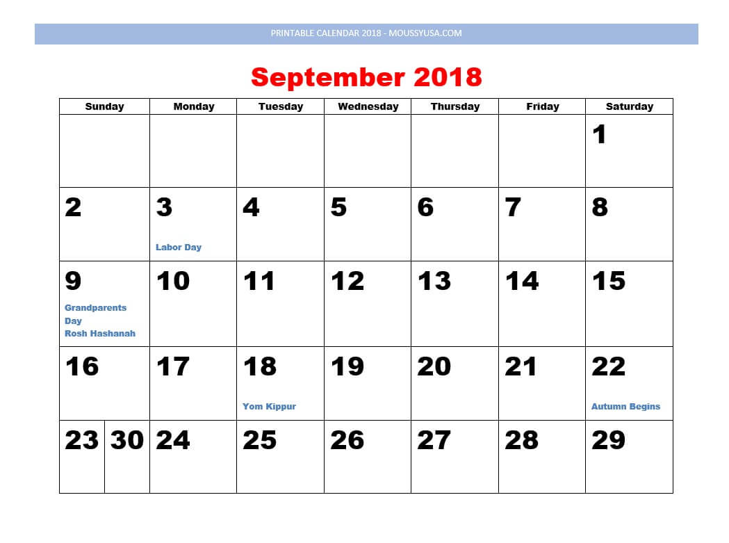 printable calendar september 2018
