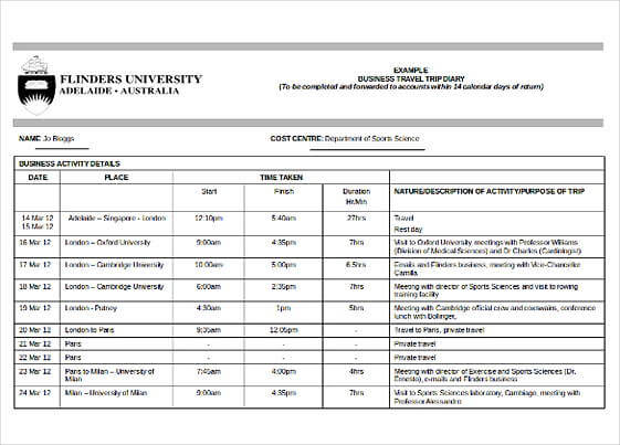 BUSINESS TRAVEL DIARY
