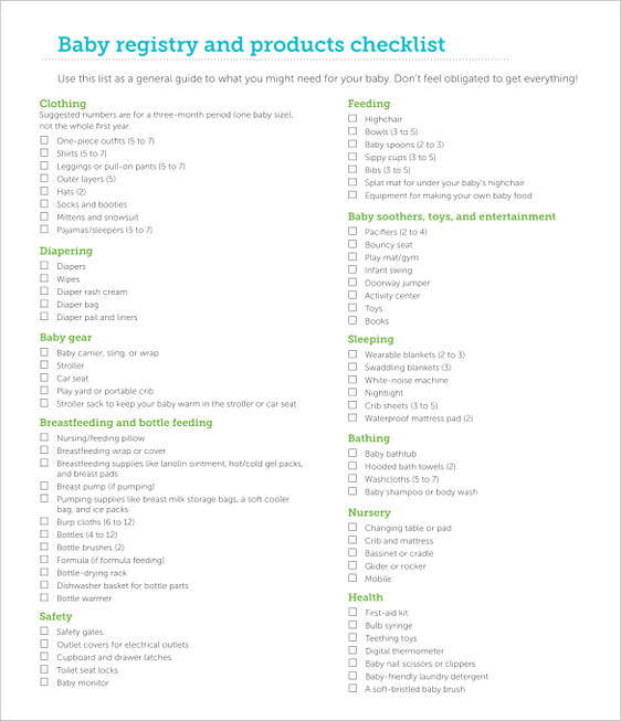 Baby Registry Product Checklist templates