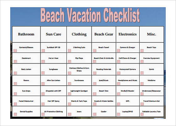 Beach Vacation Checklist templates Format