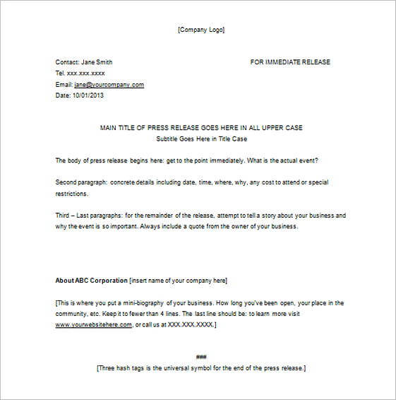 Blank Event Press Release Sample