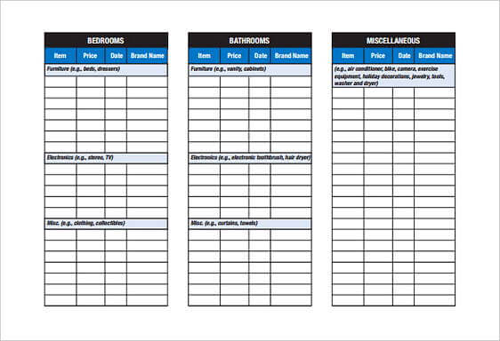 Blank Home Inventory Checklist templates