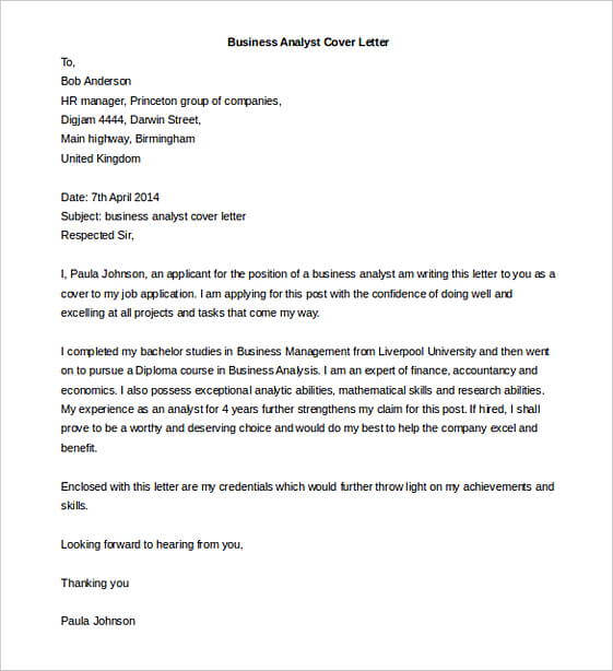 Business Analyst Cover Letter templates Word Doc