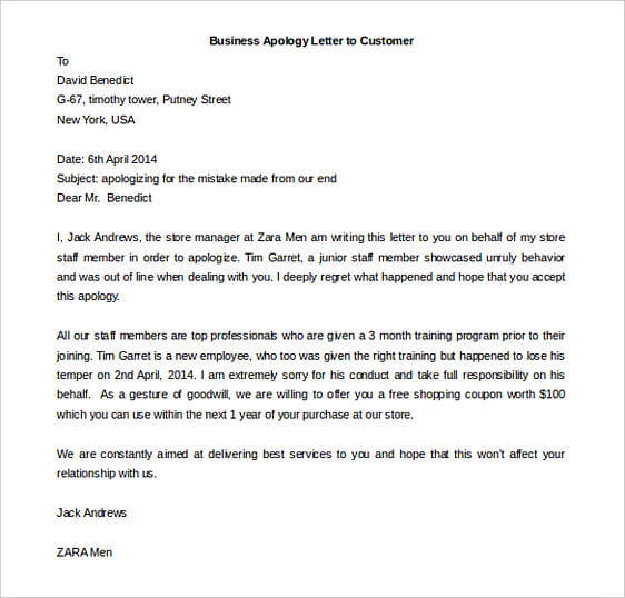 Business Apology Letter to Customer