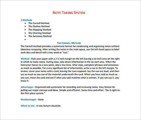 Cornell Note Taking System templates PDF Free