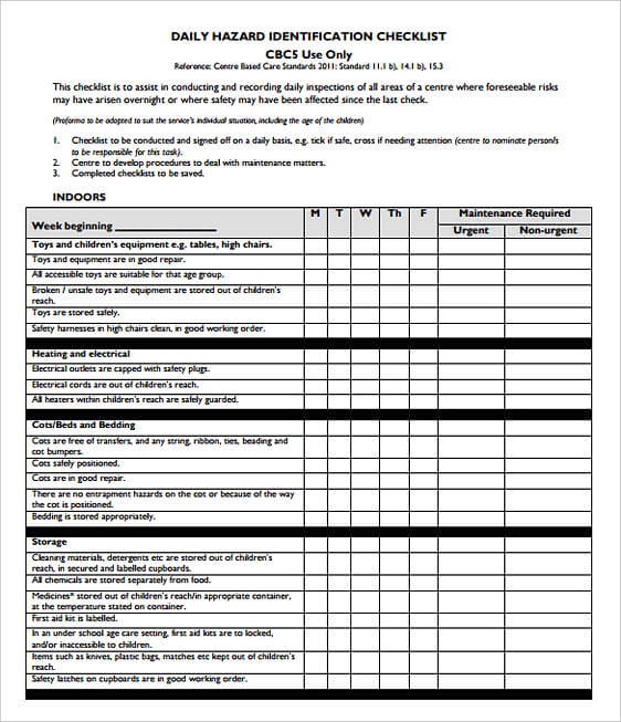 Daily Hazard Identification Checklist templates