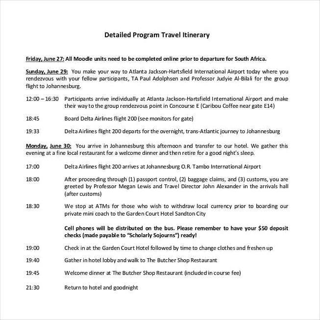 Detailed Program Travel Itinerary