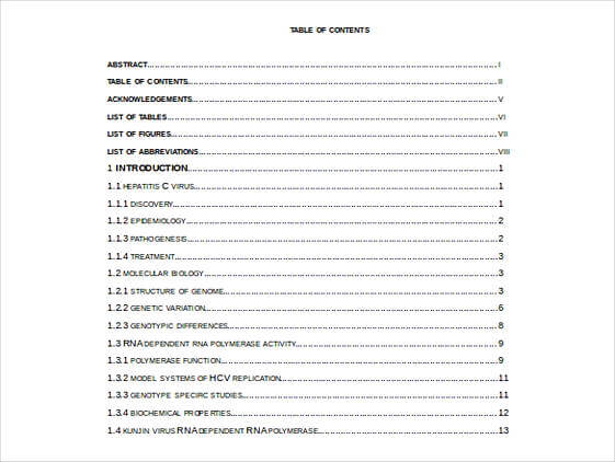 Doc Format Honours Thesis Table Of Content templates