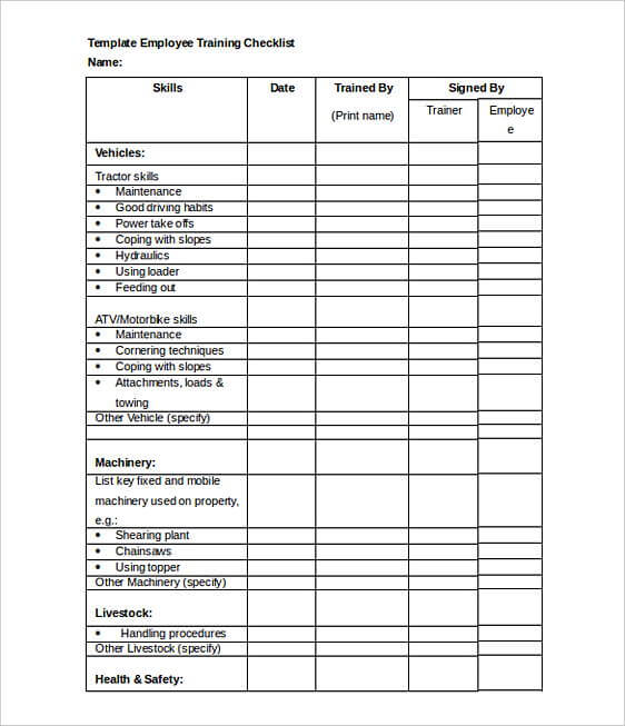 Employee Training Checklist templates Word Format
