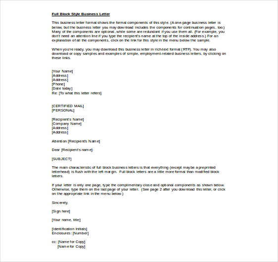 Full Block Style Business Letter templates Free Doc