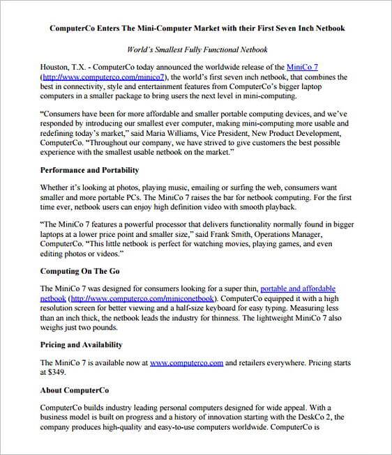 Mini Computer Product Press Release templates PDF Format