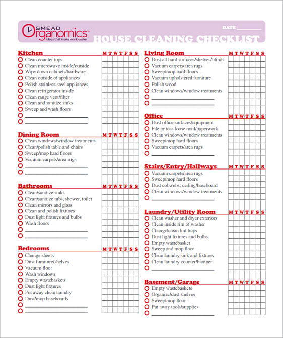 Printable House Cleaning Checklist templates Format